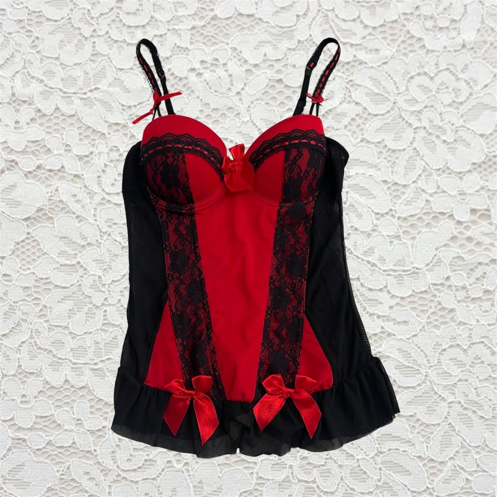 vintage red and black lace corset‎ top